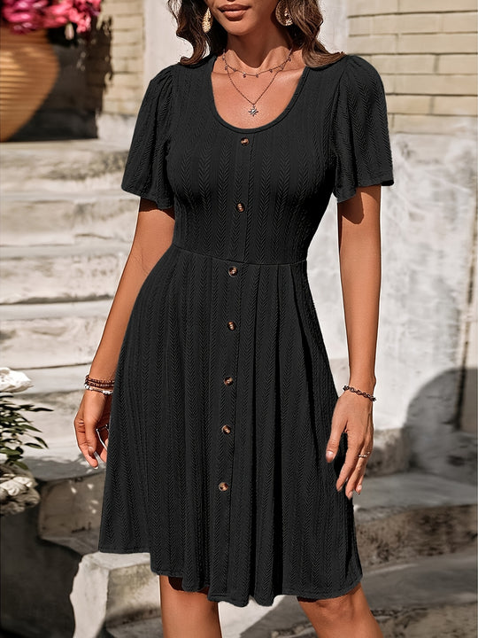 Textured Short Sleeve Fit and Flare Dress