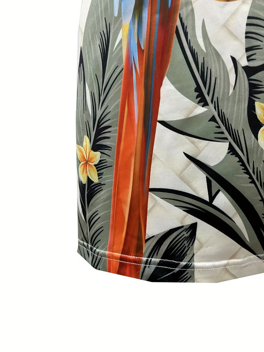 Off-Shoulder Tropical Parrot Shift Mini Dress