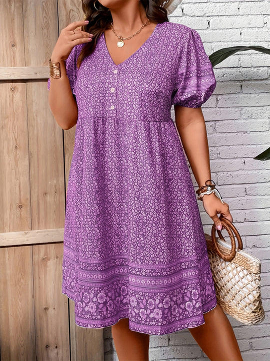 Boho Floral Border Print V-Neck Summer Dress