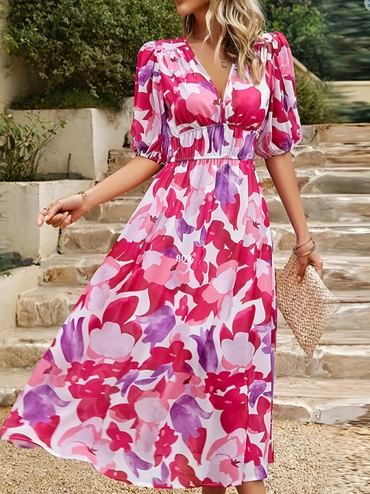 Puff Sleeve Abstract Print Smocked Summer Dress