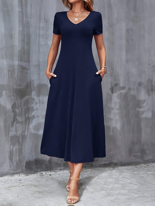 Casual V-Neck Pocket Midi Dress