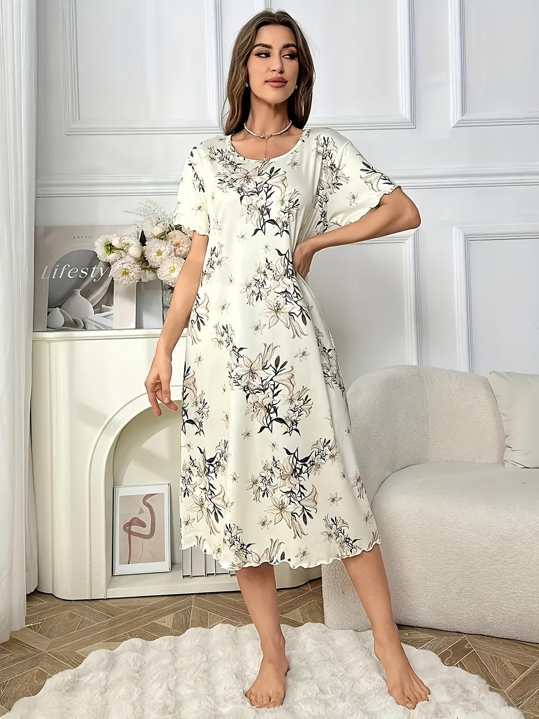 Floral Print Short Sleeve Midi Dress