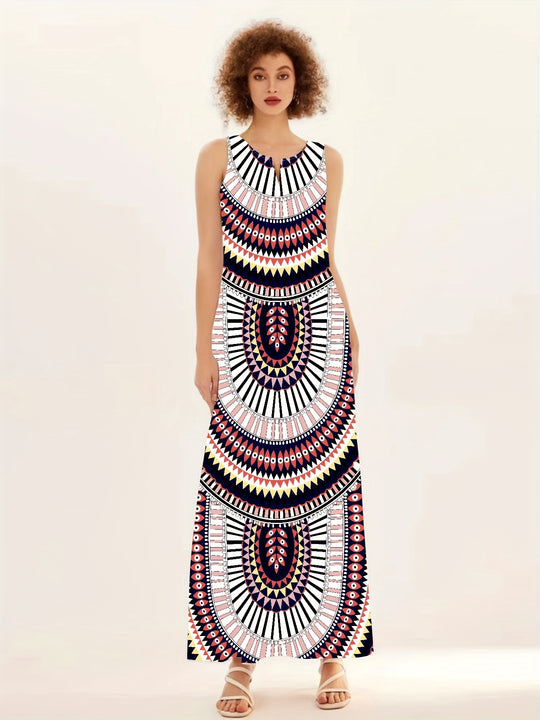 Summer Bohemian Sleeveless Tribal Print Maxi Dress