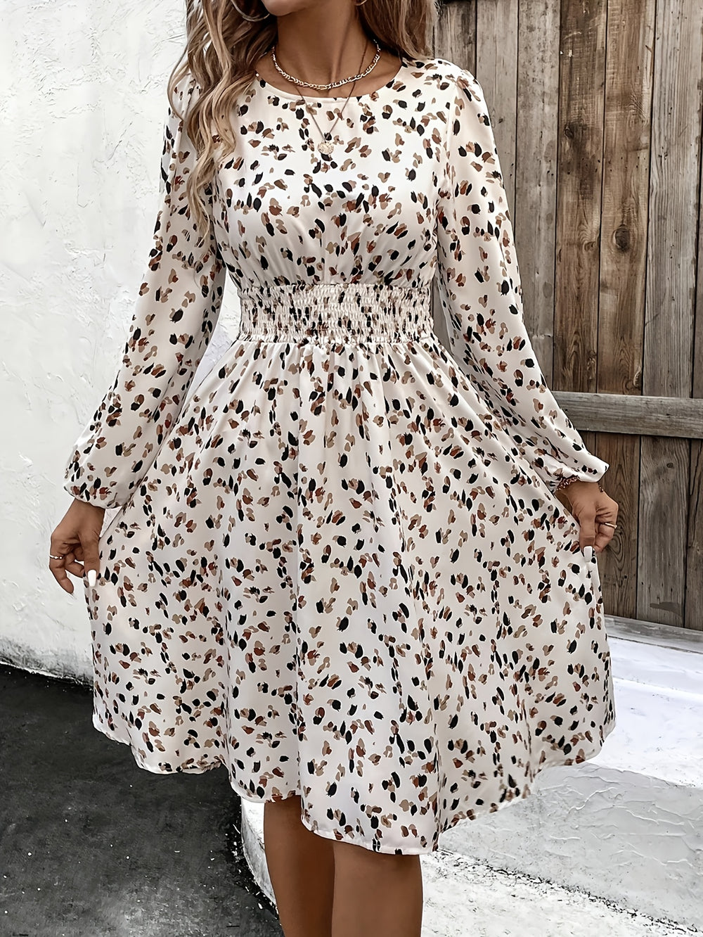 Long Sleeve Smocked Waist Abstract Spot Midi Dress