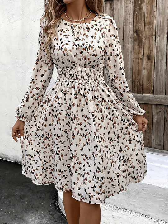Long Sleeve Smocked Waist Abstract Spot Midi Dress