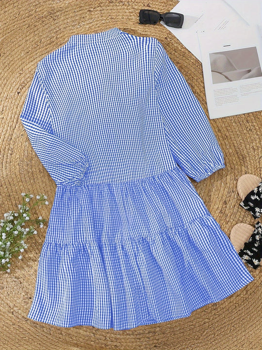 Checkered V-Neck Half Sleeve Bohemian Mini Dress