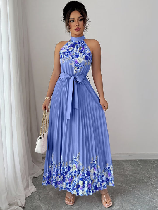 Halter Neck Floral Pleated Boho Dress