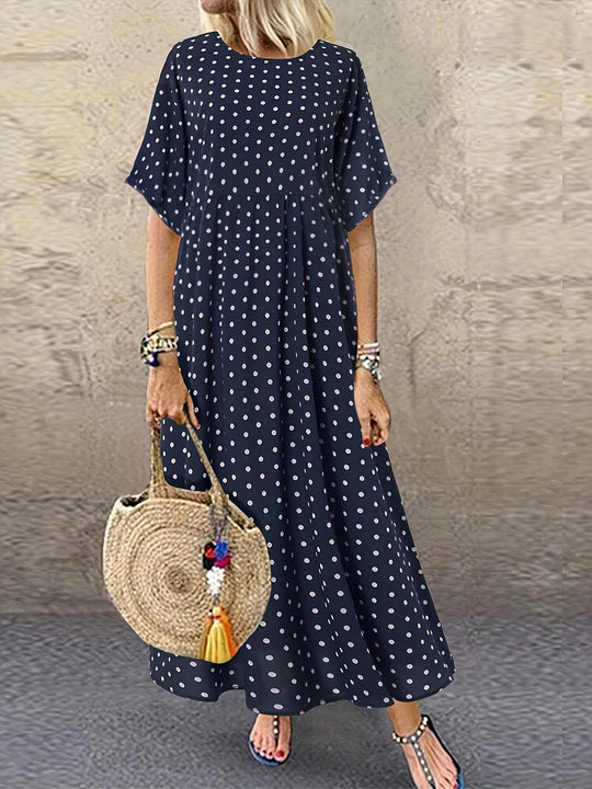 Casual Polka Dot Round Neck Maxi Dress