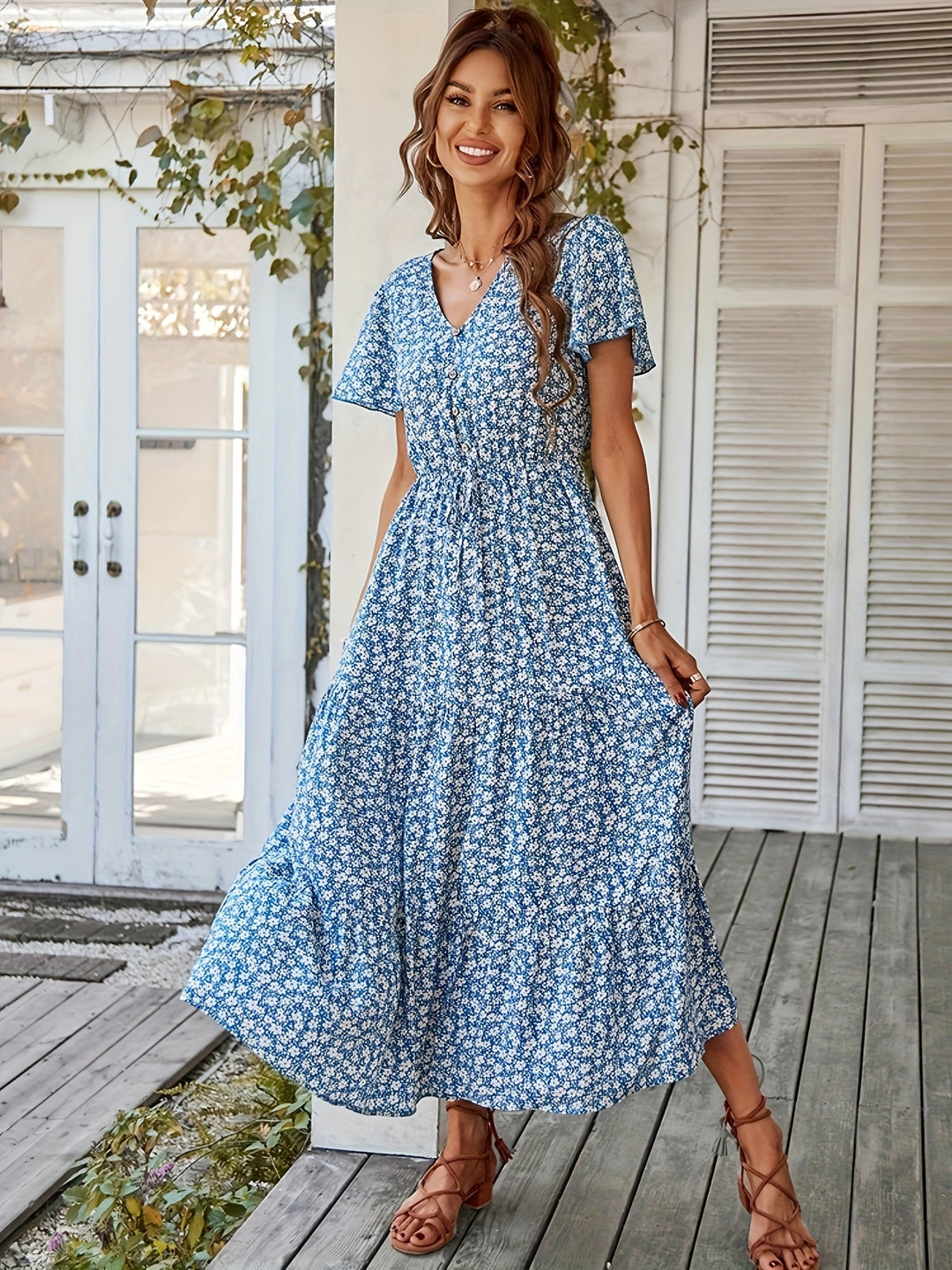 Ditsy Floral Flutter Sleeve Tiered Maxi Dress