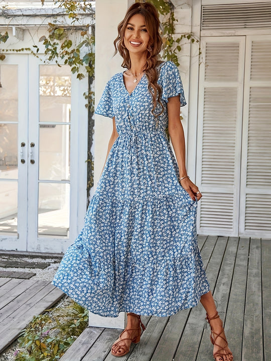 Ditsy Floral Flutter Sleeve Tiered Maxi Dress