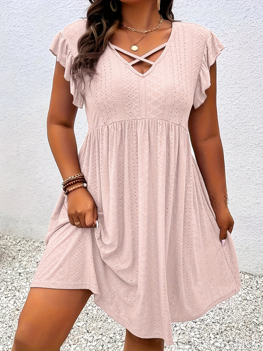 Boho Textured Flutter Sleeve Dress - Plus Size