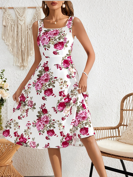 Casual Floral Wide Strap Midi Dress
