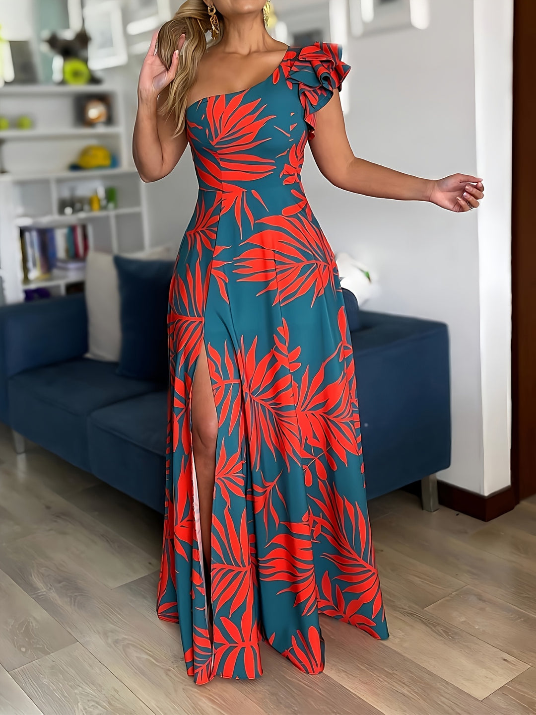 One-Shoulder Palm Print Ruffle Maxi Dress