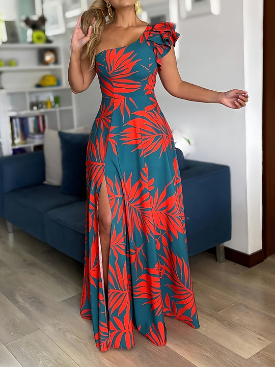 One-Shoulder Palm Print Ruffle Maxi Dress