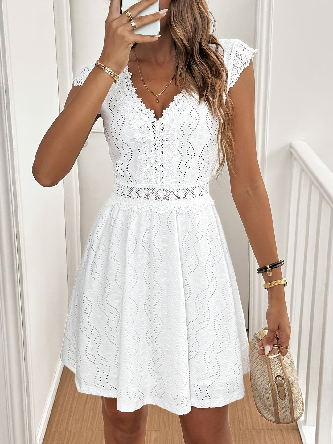 Casual Scalloped V-Neck Fit Flare Mini Dress