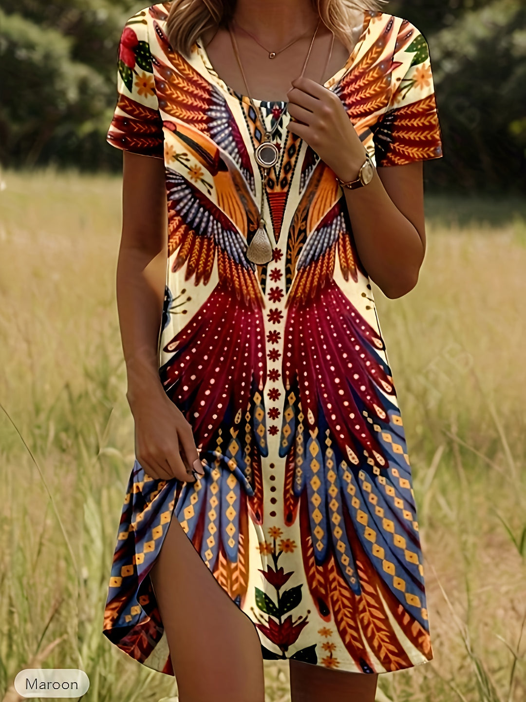 V-Neck Bohemian Wing Print Mini Dress