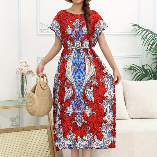 Casual Short Sleeve Oversized Print Maxi Dress