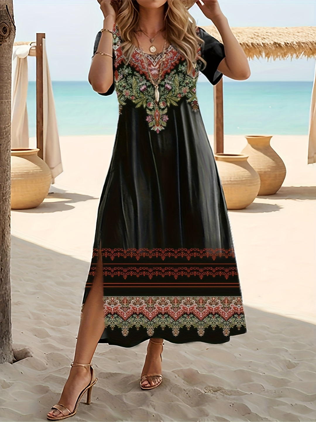 Boho Ethnic Print Side Slit Dress