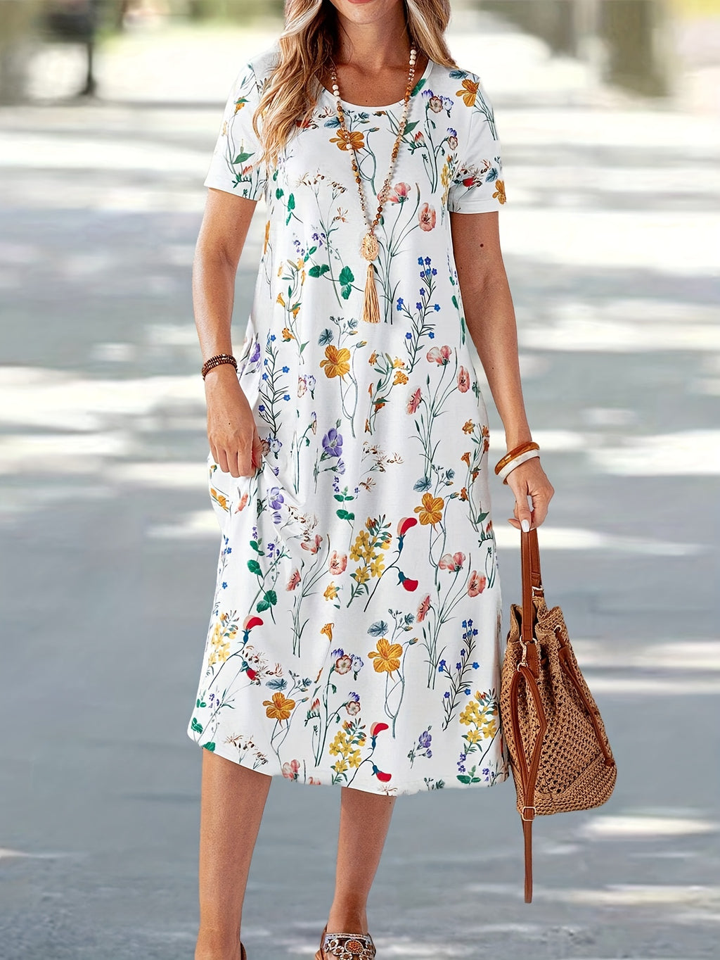 Boho Short Sleeve Floral Midi Dress