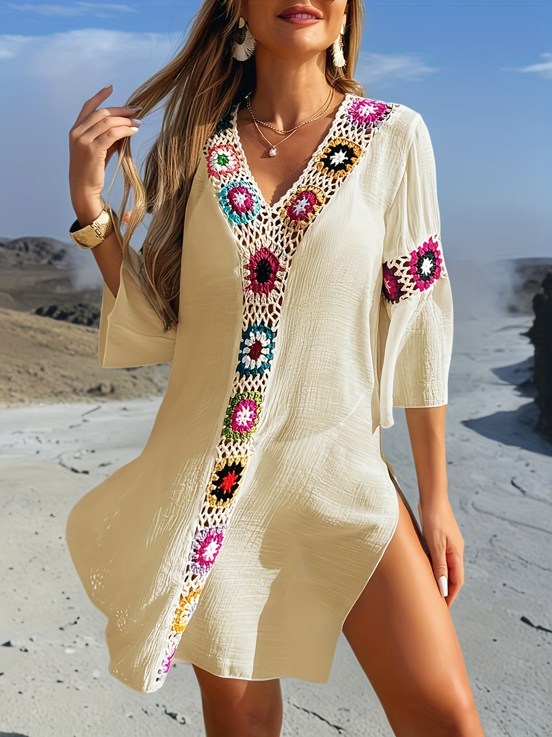 Crochet Trim V-Neck Boho Beach Dress
