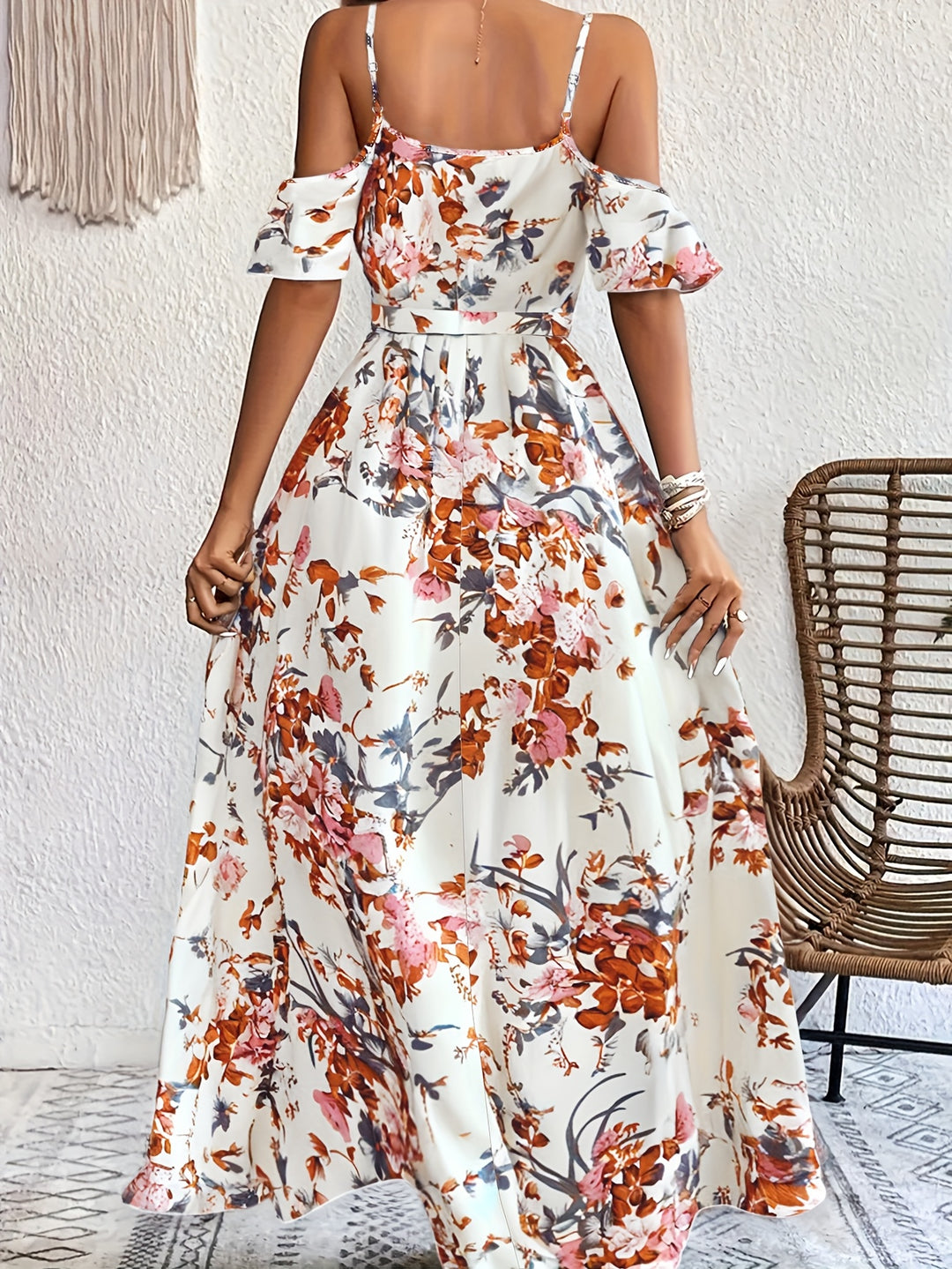 Bohemian Cold-Shoulder Floral Maxi Dress