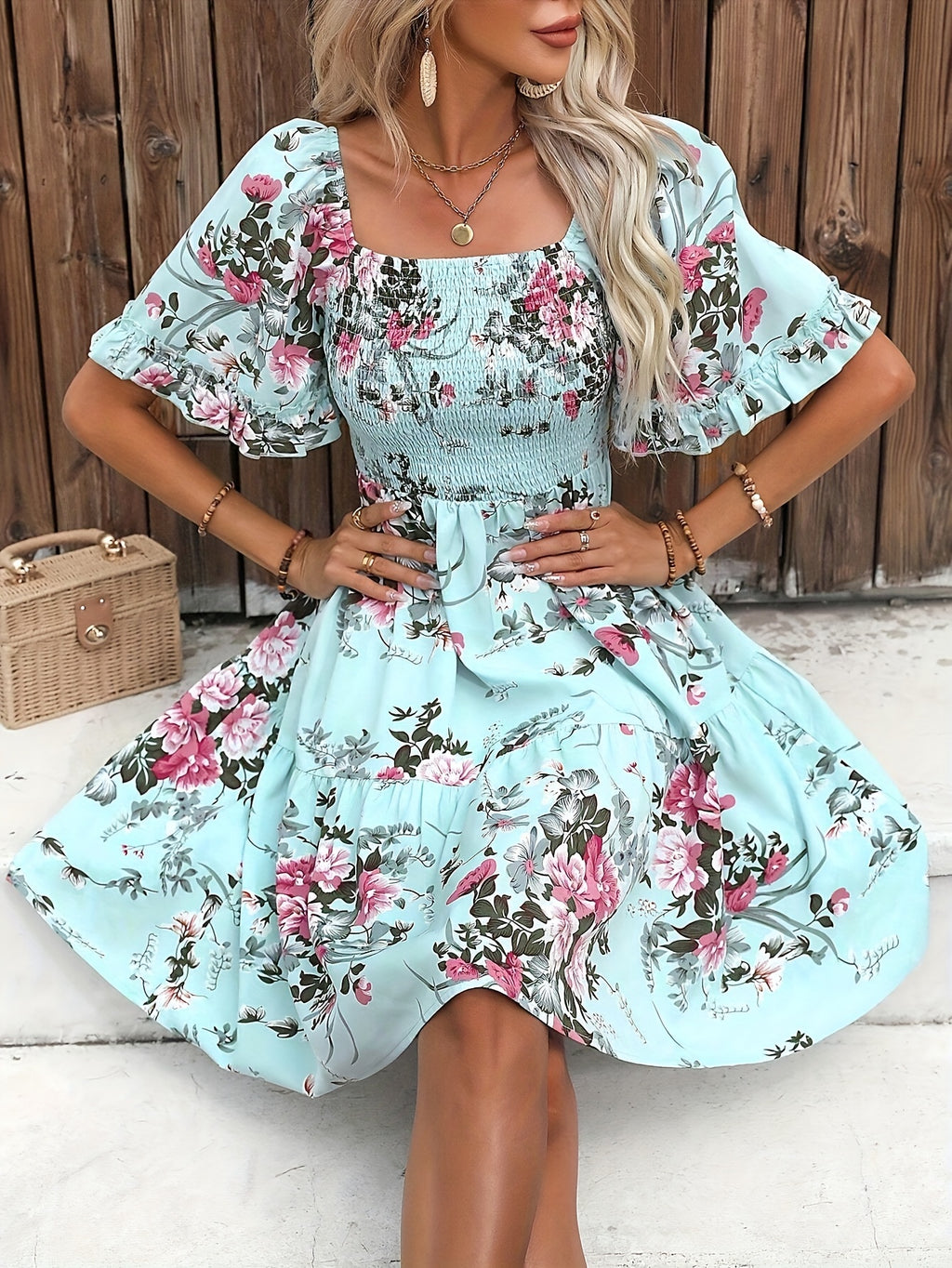 Casual Smocked Bodice Floral Flared Dress