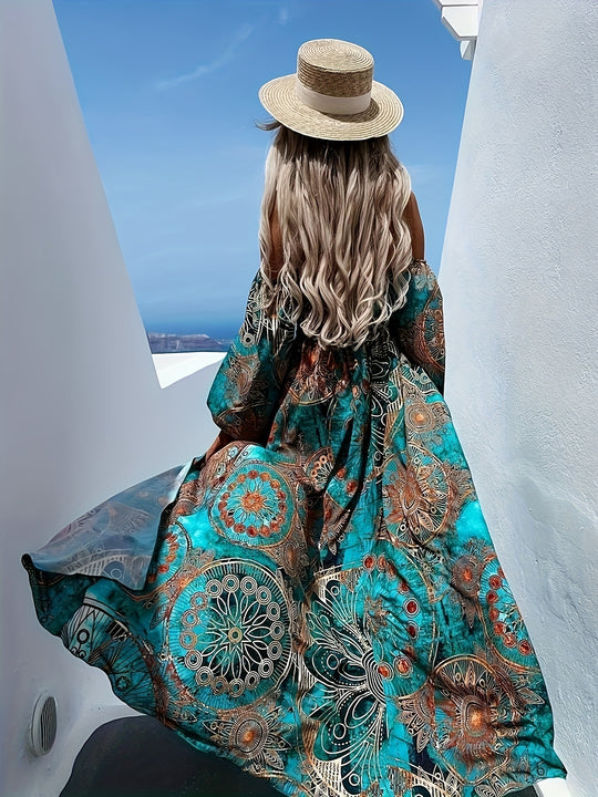 Off-Shoulder Long Sleeve Slit Maxi Bohemian Dress