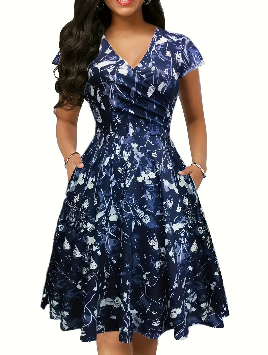 Floral Surplice V-Neck Summer Pocket Dress