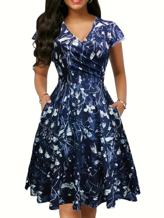 Floral Surplice V-Neck Summer Pocket Dress