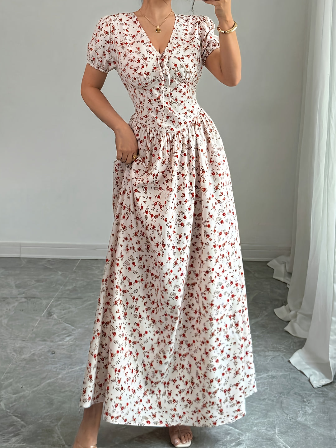 Floral V-Neck Tie Front Maxi Dress