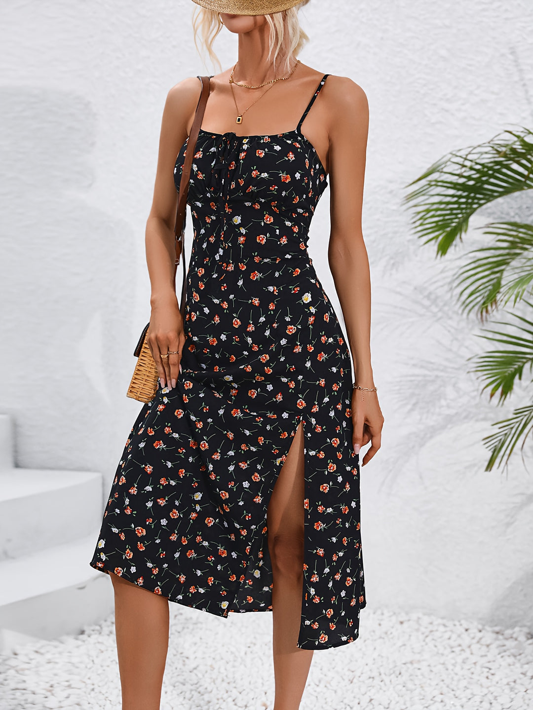 Casual Floral High Slit Midi Dress