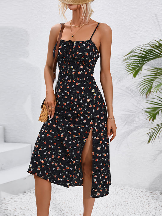 Casual Floral High Slit Midi Dress