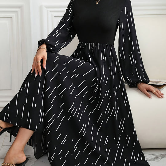 Modest Long Sleeve Linear Print Maxi Dress