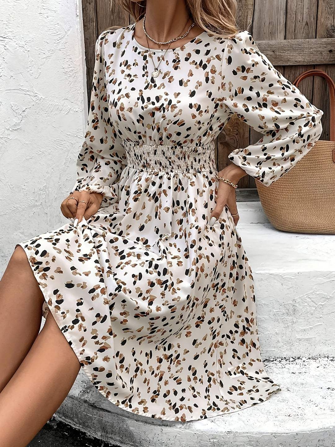 Long Sleeve Smocked Waist Abstract Spot Midi Dress
