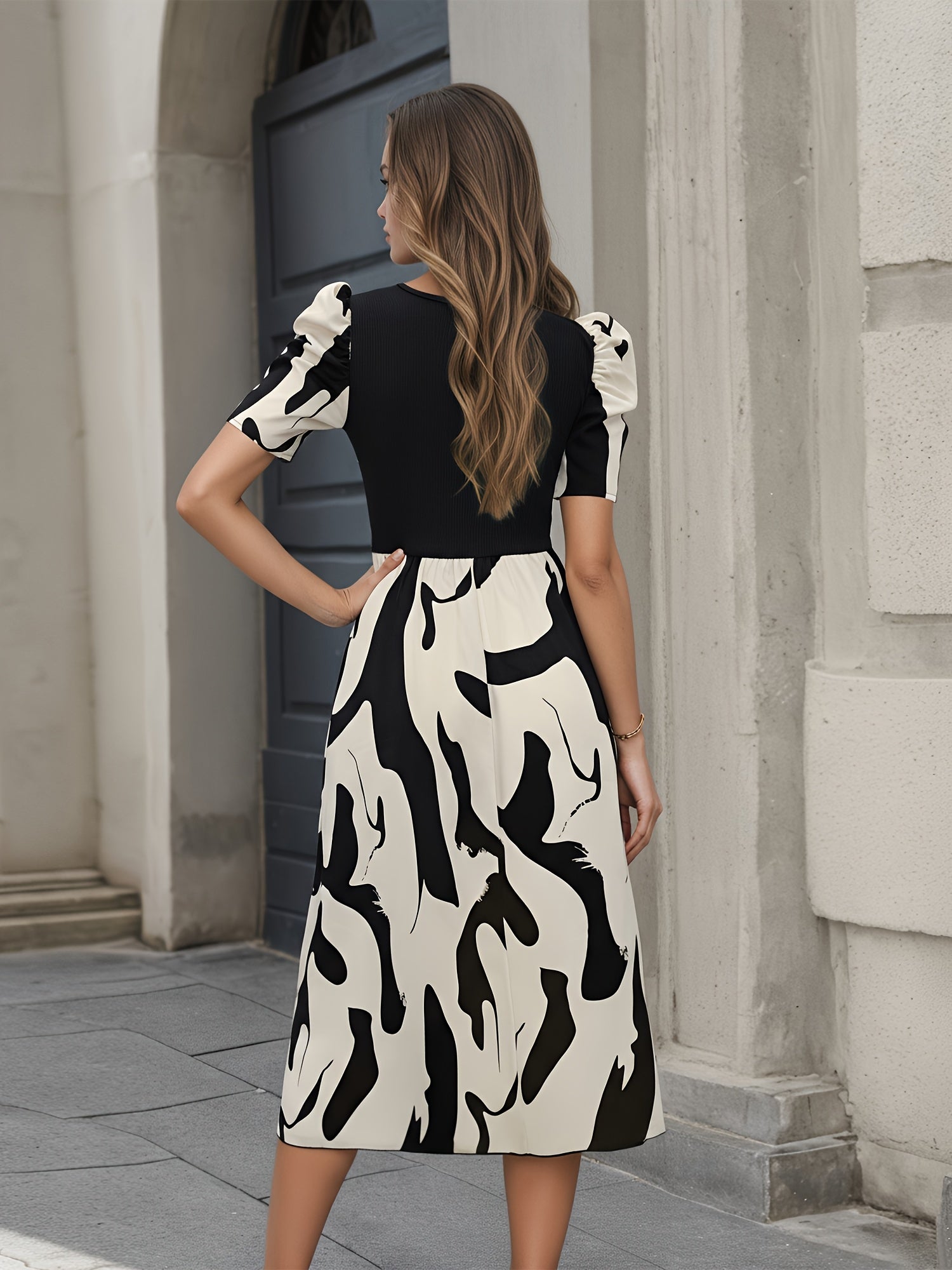Abstract A-Line Puff Sleeve Midi Dress