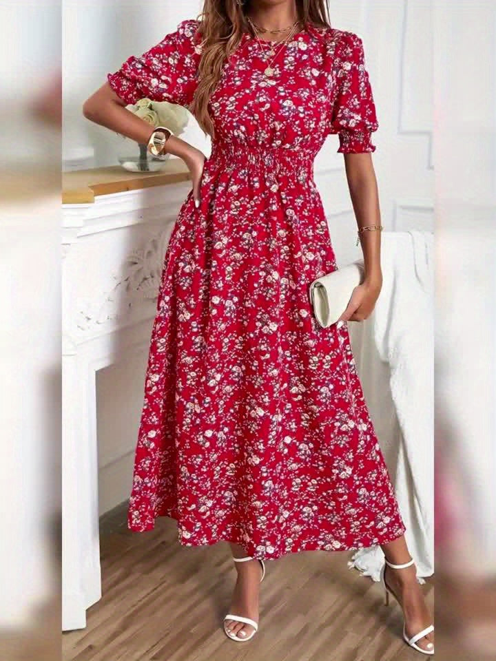 Casual Smocked Ditsy Floral Midi Dress
