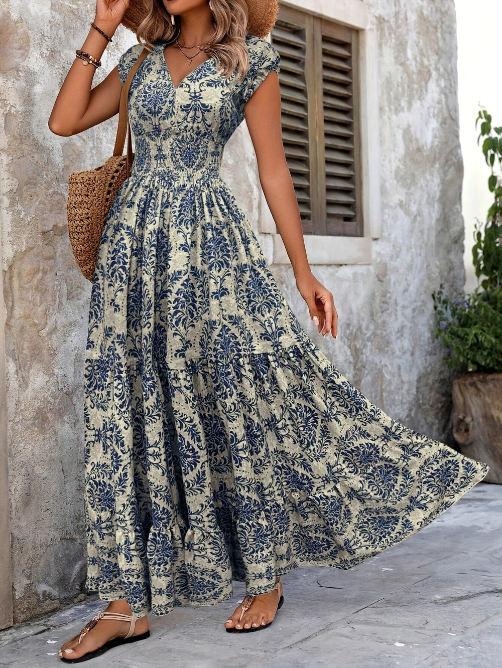 Bohemian Damask Print Smocked Maxi Dress