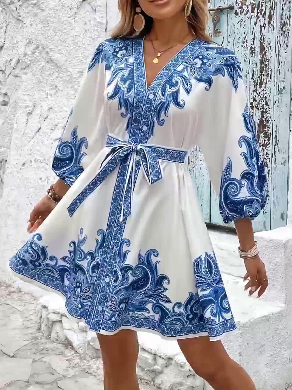 Ornate Print V-Neck Button Down Bohemian Dress