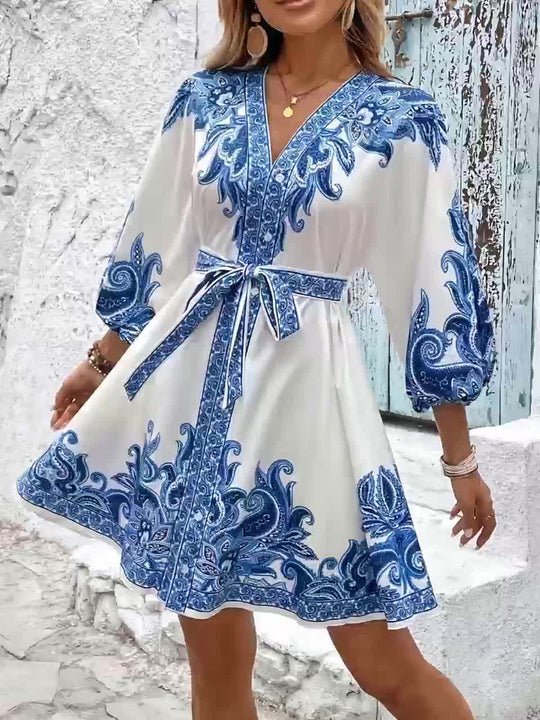 Ornate Print V-Neck Button Down Bohemian Dress