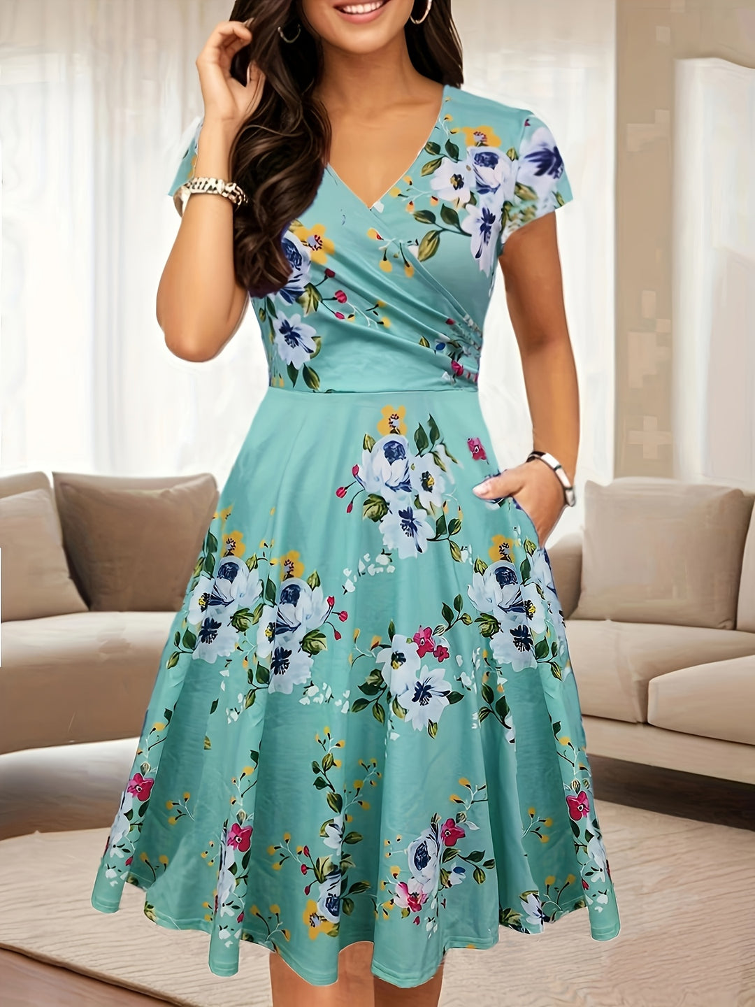 Floral Surplice V-Neck Summer Pocket Dress