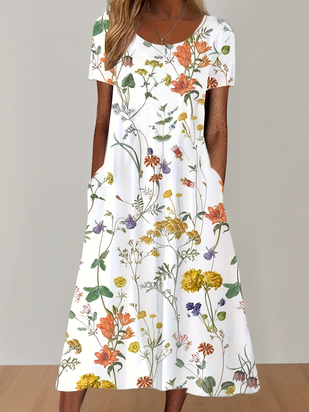 Casual Scoop Neck Floral Midi Dress