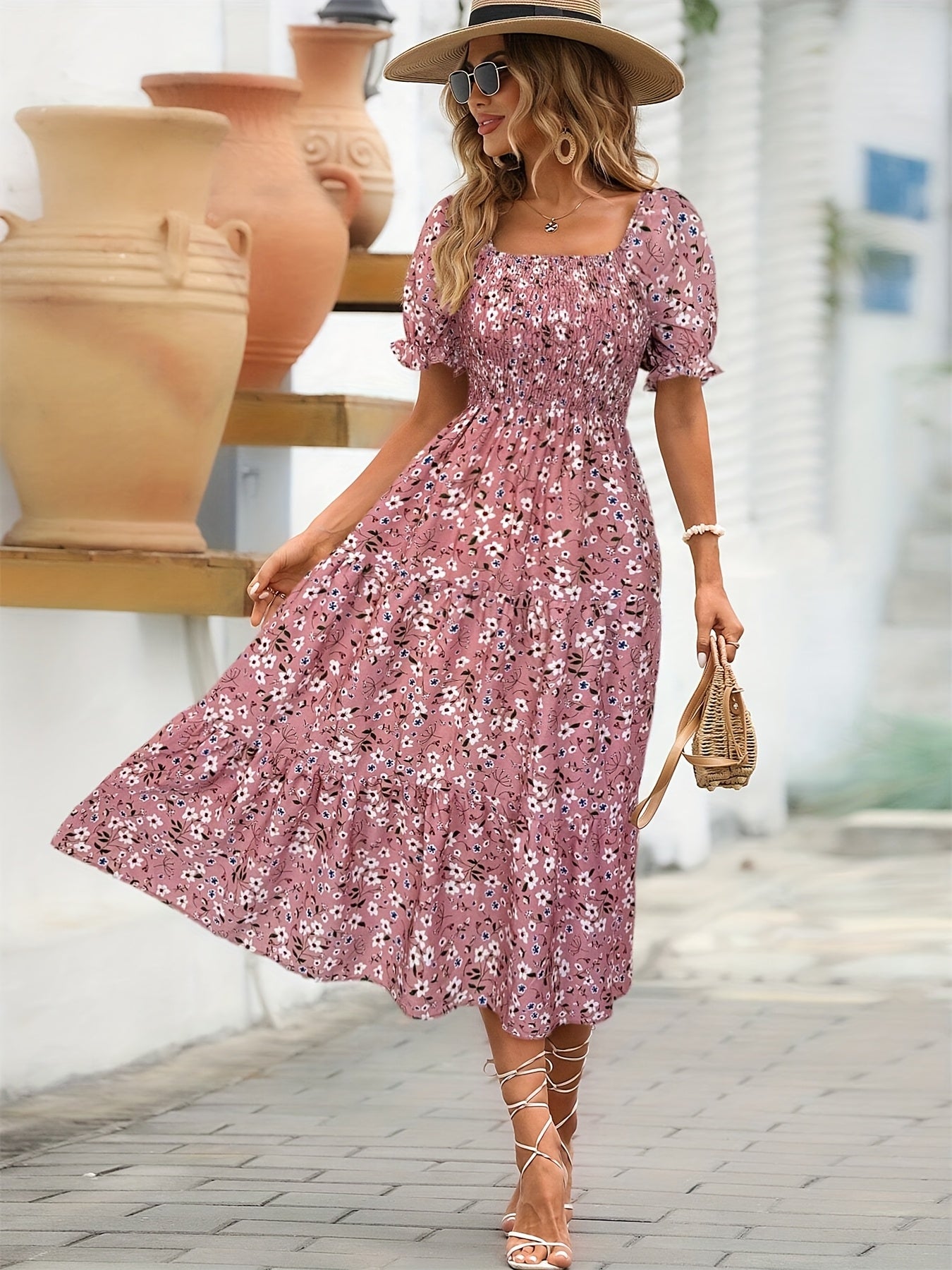 Bohemian Puff Sleeve Tiered Midi Dress
