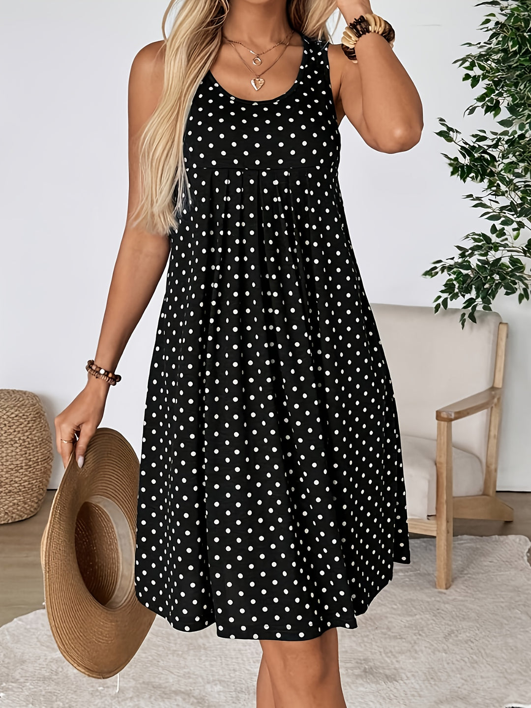 Casual Scoop Neck Polka Dot Mini Dress