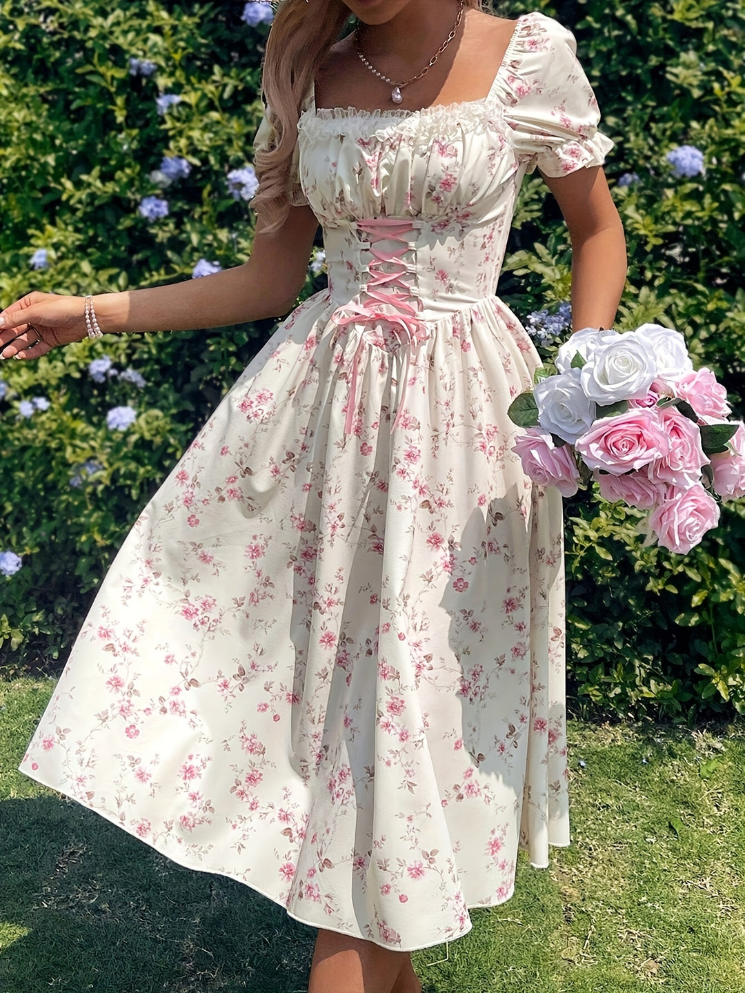 Romantic Floral Lace-Up Corset Midi Dress