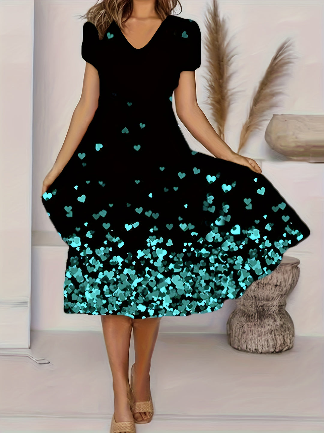 Casual Floral Print Flared Midi Dress