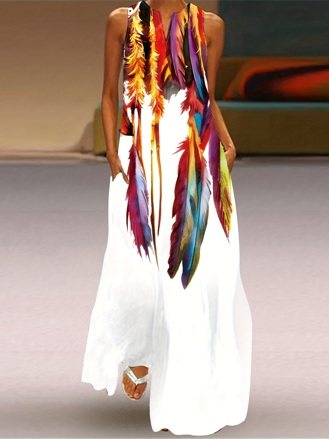 Feather Print Sleeveless V-Neck Boho Dress