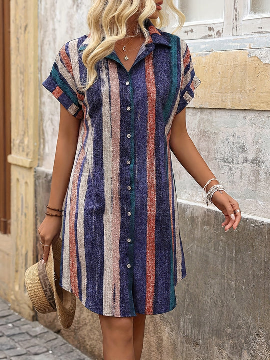 Boho Striped Button Down Shirt Dress