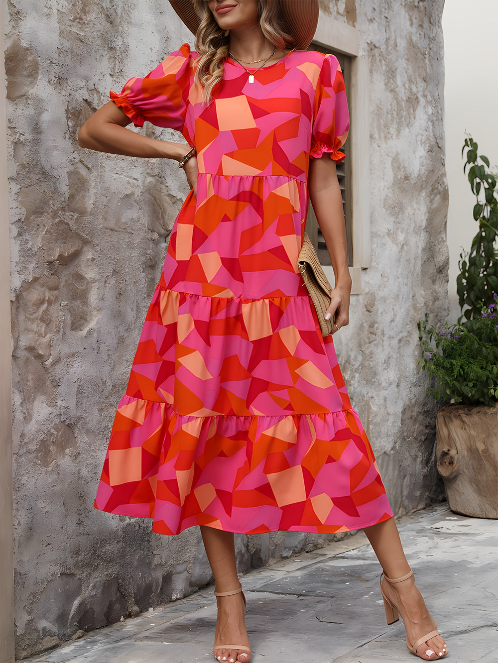 Casual Puff Sleeve Tiered Swing Dress