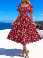 Bohemian Puff Sleeve Tiered Midi Dress
