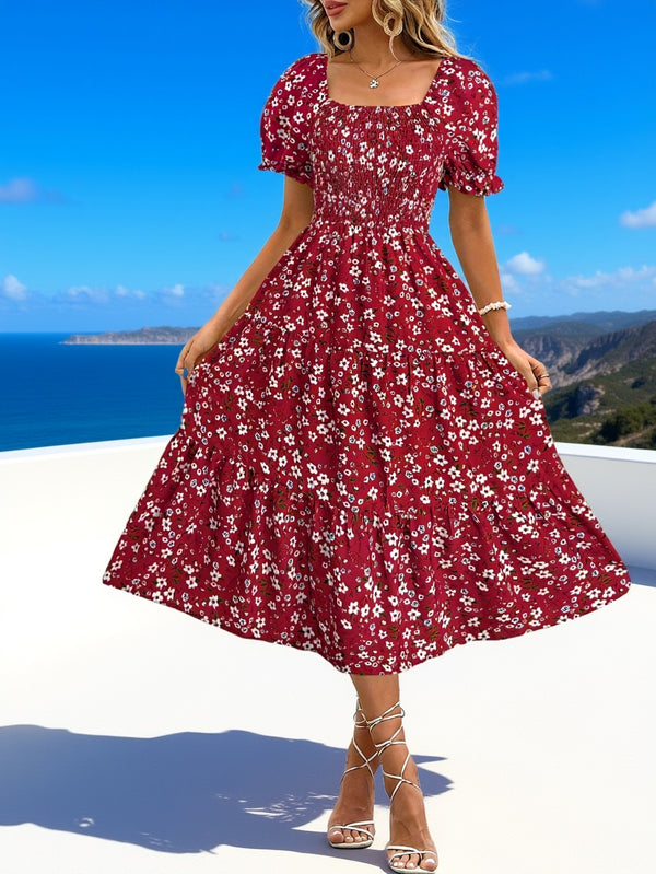 Bohemian Puff Sleeve Tiered Midi Dress